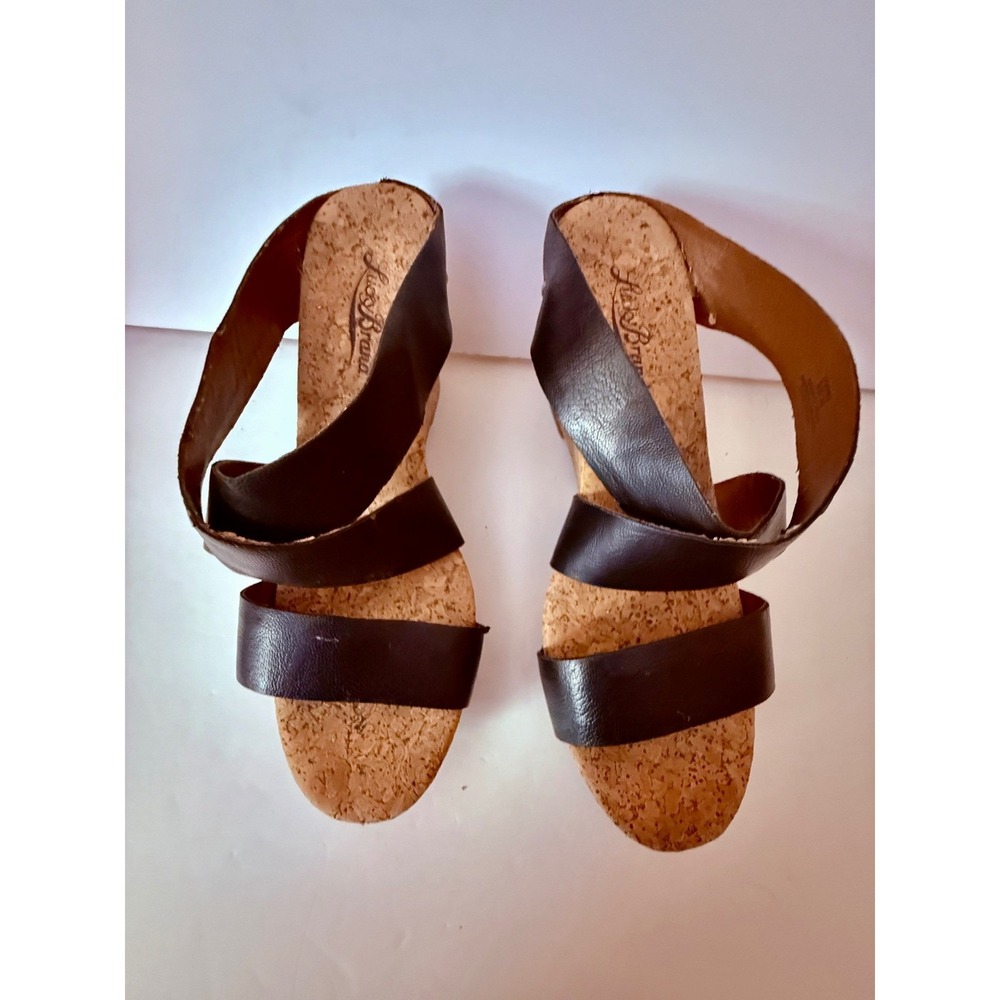 Lucky Brand Black Leather Cork Wedge Sandals Women's Size 8 Strappy